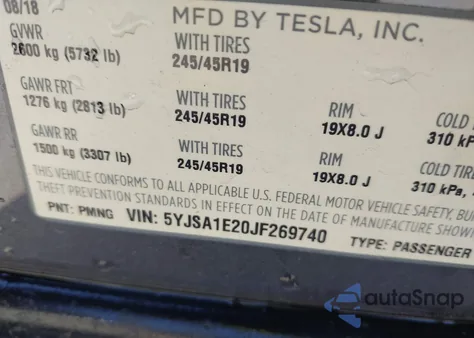 2018 Tesla Model S 100D/75D/P100D z USA, uszkodzony, nr VIN 5YJSA1E20JF269740
